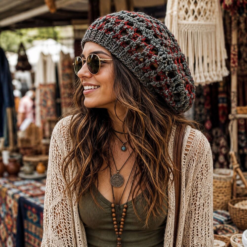 Handmade Gray Red Crochet Beret Striped Openwork Slouchy Unisex Boho Beanie Hat